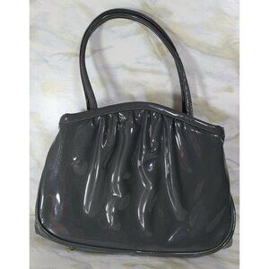 Vtg Garay Handbag Footed Purse Gray Gold Accents Patent Leather Vinyl Look MCM